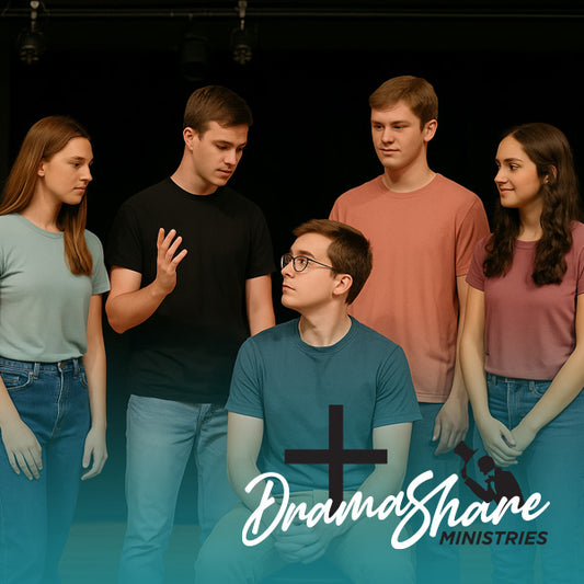 Group of young people standing together with 'Drama Share Ministries' logo.