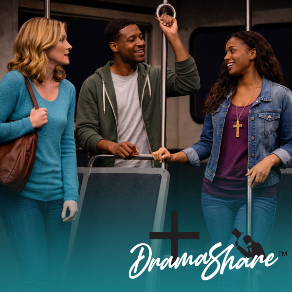 Three people on a bus with DramaShare logo