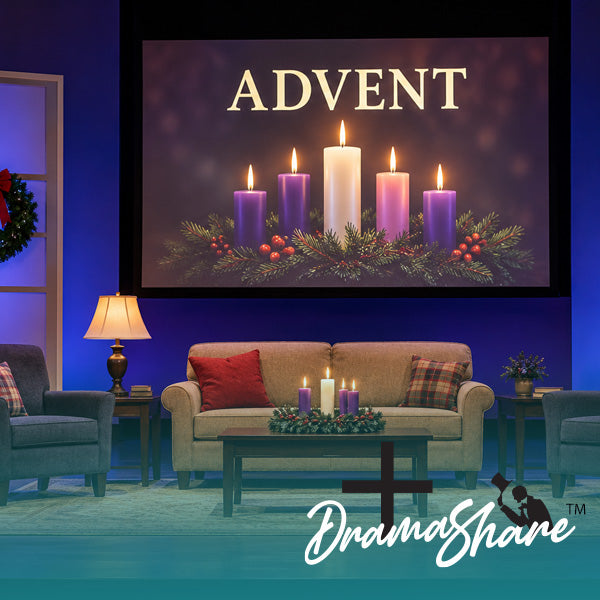 A large wall-mounted screen in a living room displays a Christmas Advent scene with five lit candles, evergreen branches, red berries, and the word “ADVENT” in gold. The room has blue walls, a beige sofa with red and plaid pillows, a coffee table, and a visible DramaShare watermark/logo at the bottom.