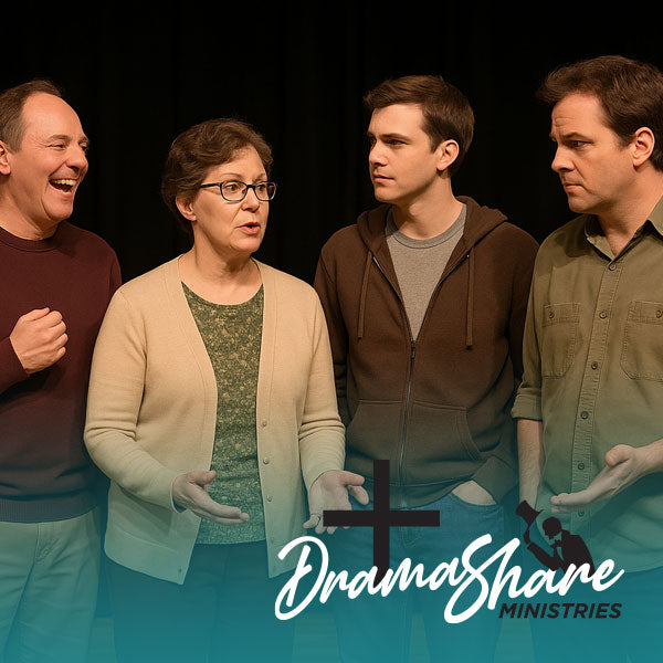 actors on stage—one man laughing, a woman speaking seriously, and two other men listening with mixed expressions