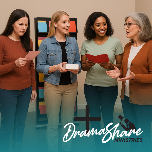 Four women holding scripts in a room with colorful boards, featuring 'DramaShare Ministries' logo.