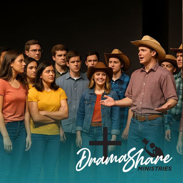 Group of people on stage with a man in a cowboy hat and 'Drama Share Ministries' logo.