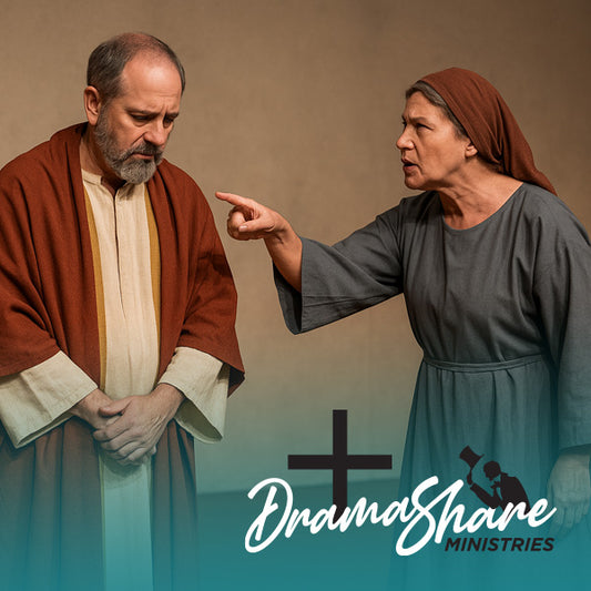 Two people in historical attire with a 'Drama Share Ministries' logo in the background