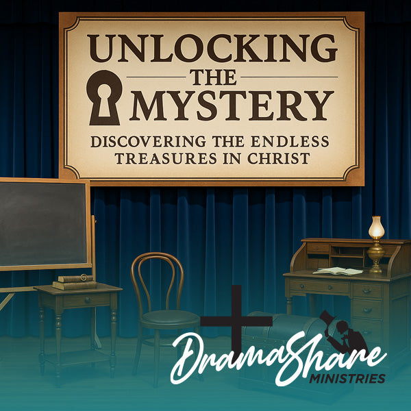 Theater stage setup with 'Unlocking the Mystery' sign and 'Drama Share Ministries' branding.