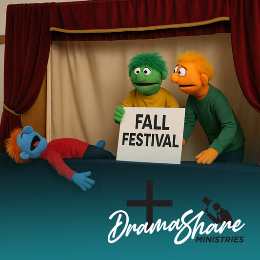 Muppets on a stage with a 'Fall Festival' sign, featuring DramaShare Ministries logo.