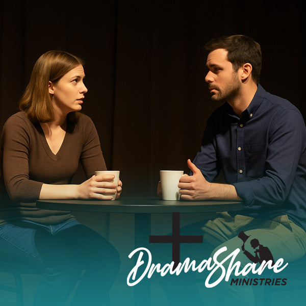 Two people sitting across from each other at a table with 'Drama Share Ministries' logo.