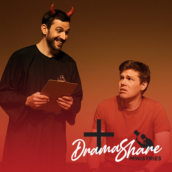 Two men, one with devil horns and a clipboard, the other sitting, against a brown background with Drama Share Ministries logo.