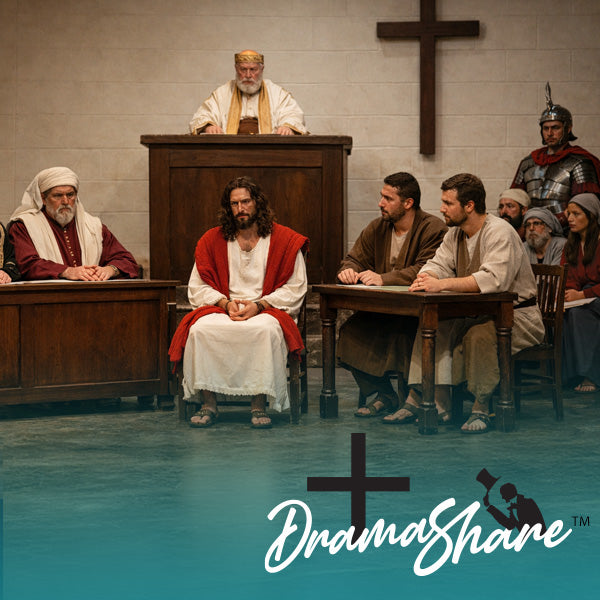 Reenactment scene with religious figures in a courtroom setting, featuring the DramaShare logo.