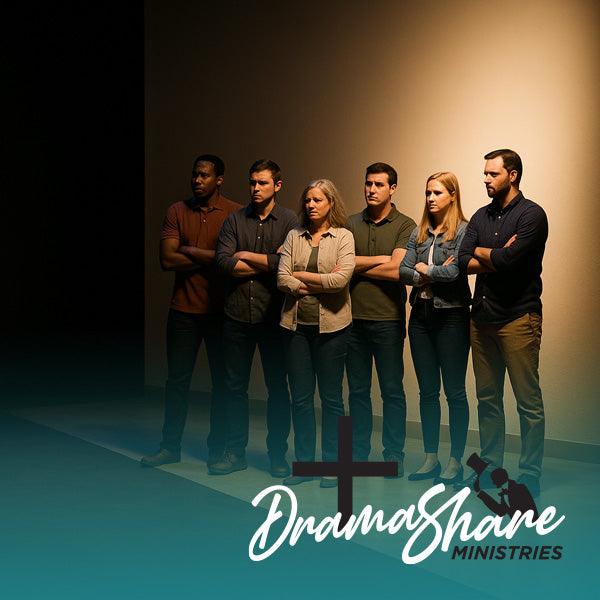 Group of people standing together with 'Drama Share Ministries' logo in the foreground.