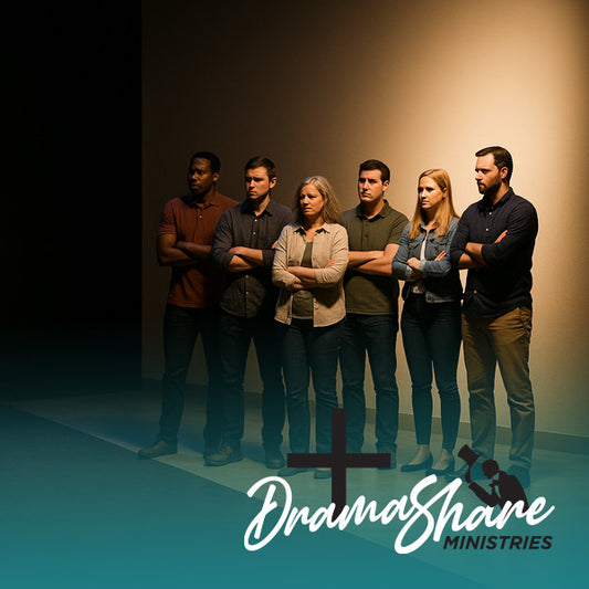Group of people standing together with 'Drama Share Ministries' logo in the foreground.