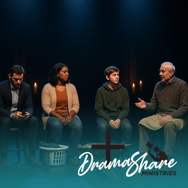 Four people sitting on chairs with a cross in front of them, against a dark background with 'DramaShare Ministries' branding.