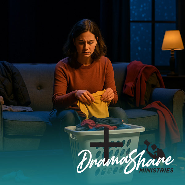 Woman sitting on a couch with a laundry basket, surrounded by dark tones with 'Drama Share Ministries' logo.
