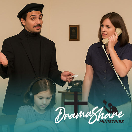 Two adults and a child in a staged scene with 'Drama Share Ministries' branding.