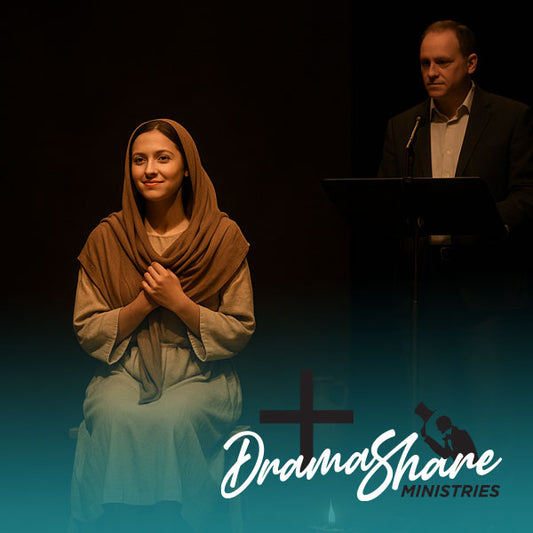 Woman in a brown headscarf and dress sitting, with a man at a podium behind her, on a dark background with Drama Share Ministries logo.