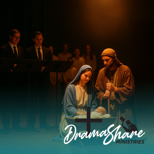 Stage performance with actors in costumes, including a woman and man holding a baby, with 'Drama Share Ministries' logo.