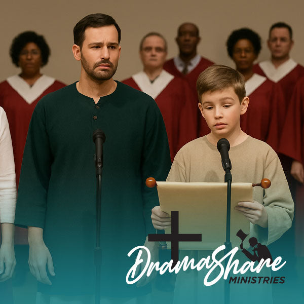 Man and child standing in front of a choir with 'Drama Share Ministries' logo.