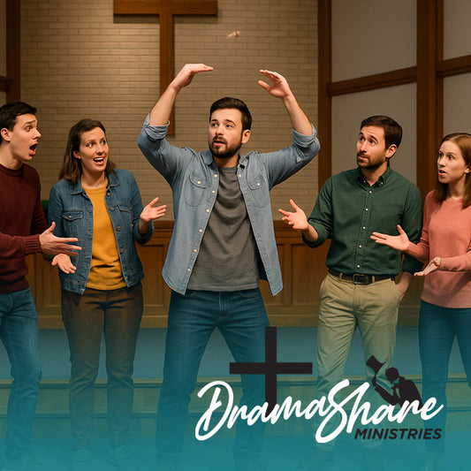 Group of people in a room with wooden walls, posing theatrically with arms raised, and 'Drama Share Ministries' logo.