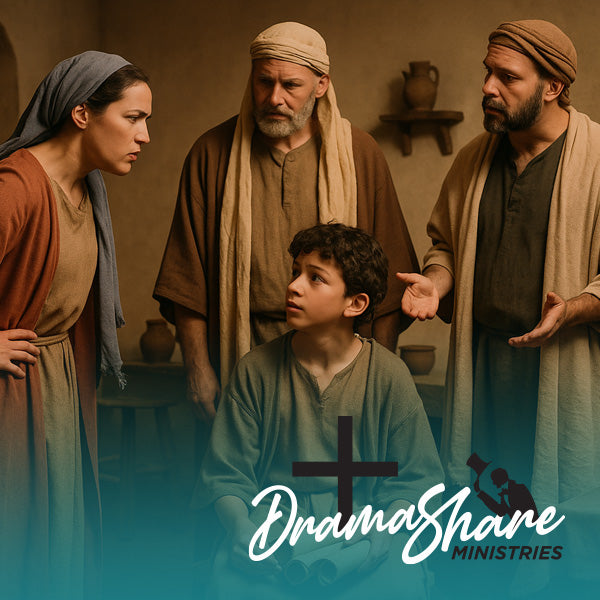 Group of people in biblical attire with a cross and 'Drama Share Ministries' logo.