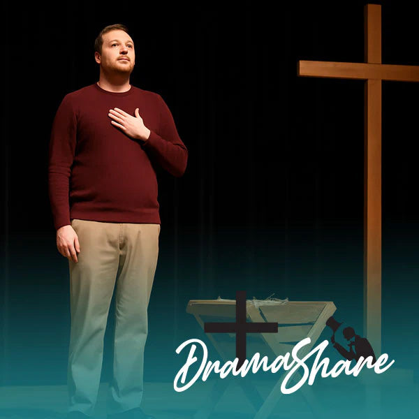 Man in a red sweater standing with his hand over his heart, next to a cross, on a dark background with 'Drama Share' logo.