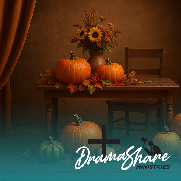 Autumnal scene with pumpkins and flowers on a wooden table, featuring DramaShare Ministries logo.