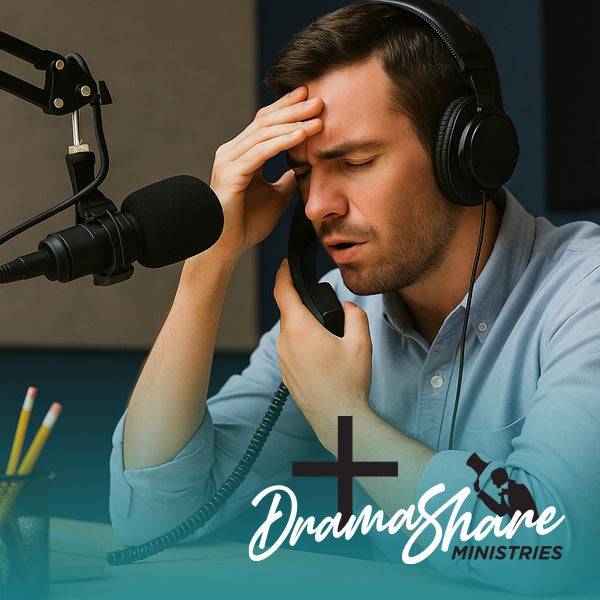 Man in a radio studio with headphones and microphone, holding his head in his hand, with DramaShare Ministries logo.