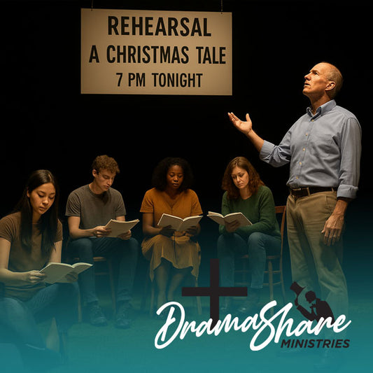 A theater rehearsal scene for A Christmas Tale at Pine Street Church, with a sign above the stage and five actors seated reading scripts while the director stands at stage right, addressing God.