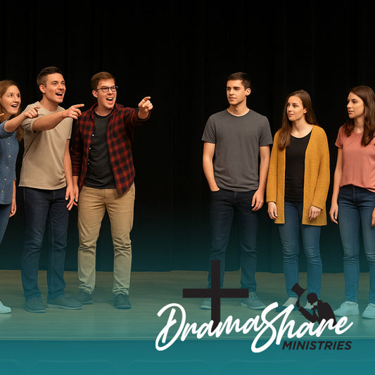 Group of people on a stage with 'Drama Share Ministries' logo