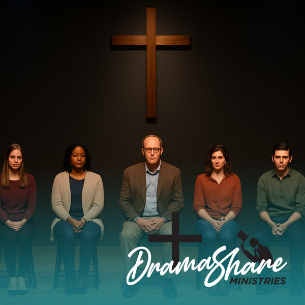 Five people sitting in front of a cross with 'Drama Share Ministries' logo.