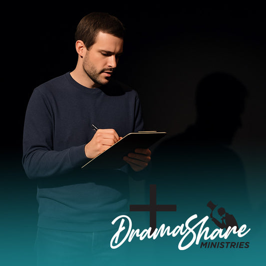Man writing on a tablet with DramaShare Ministries logo in the background