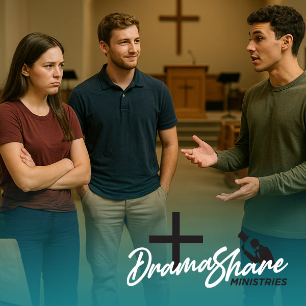 Three people in a discussion with 'Drama Share Ministries' logo in the background