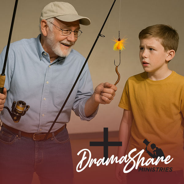 Grandfather teaching grandson to fish