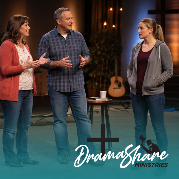 Three people standing on a stage with 'Drama Share Ministries' logo.