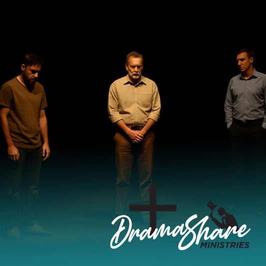 Three men standing in a line with 'Drama Share Ministries' logo below.