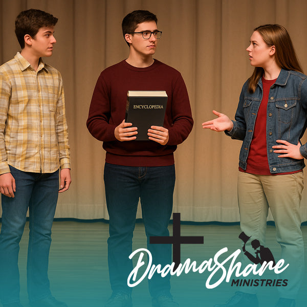 Three people on a stage with 'Drama Share Ministries' logo