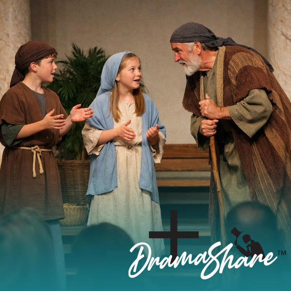 Three people in historical costumes with 'Drama Share' logo