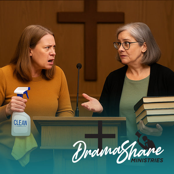 Two women in a church setting with one holding a cleaning spray bottle and the other holding books, with 'Drama Share Ministries' logo.