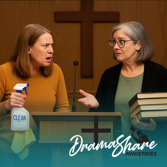Two women in a church setting with one holding a cleaning spray bottle and the other holding books, with 'Drama Share Ministries' logo.