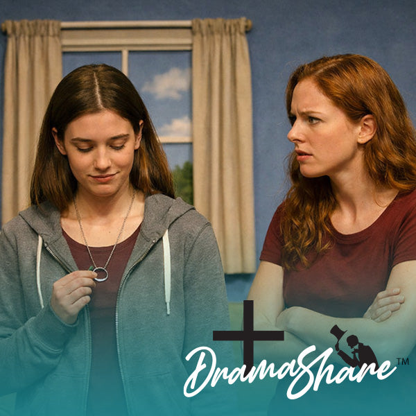 Two women in a room with curtains and a blue wall, featuring the DramaShare logo.