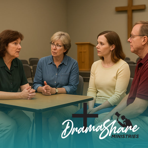 Four people sitting around a table in a room with a cross in the background, featuring the DramaShare Ministries logo.