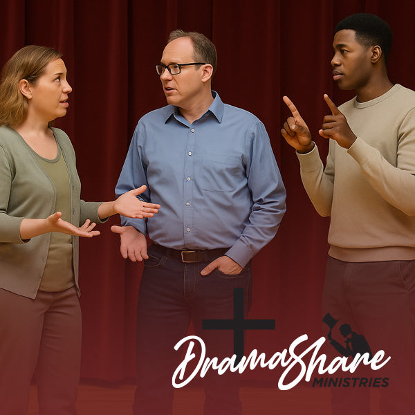Three people engaged in a discussion on a stage with 'Drama Share Ministries' branding.