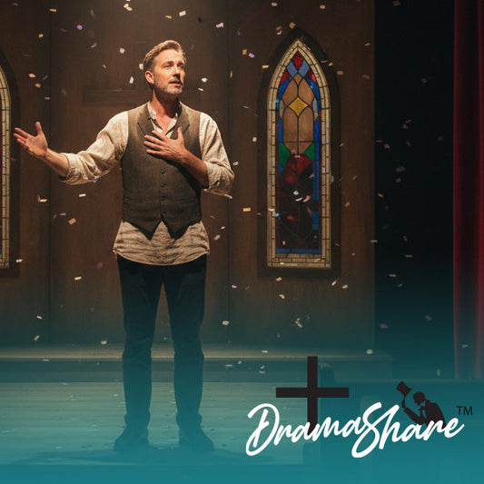 Man performing a Christian monologue on a church stage