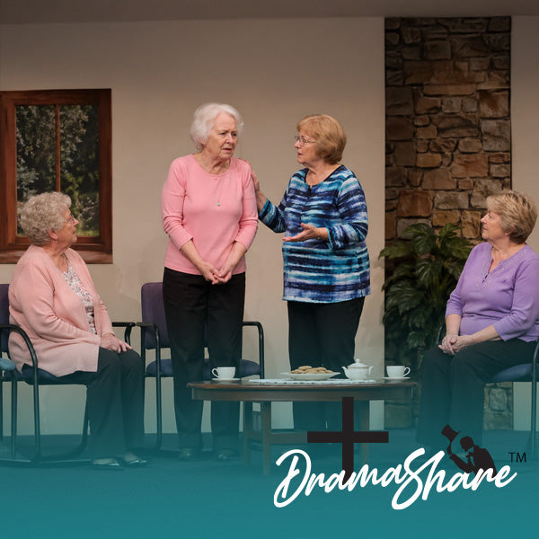 Four ladies on church stage doing skit