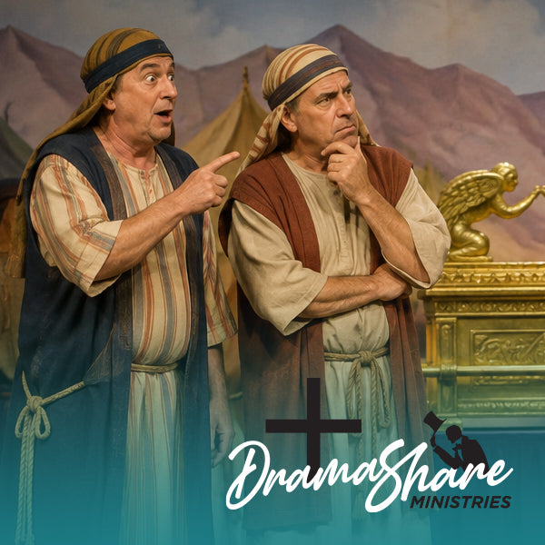 Two men in ancient-style robes and headbands pose on a theatrical set with mountains and a golden throne visible behind them. 