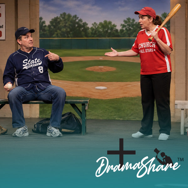 Two people in baseball-themed costumes on a stage with a 'Drama Share' logo.