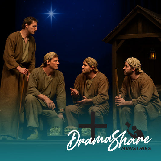 Four men in brown robes sitting around a cross with a star in the night sky, featuring Drama Share Ministries logo.