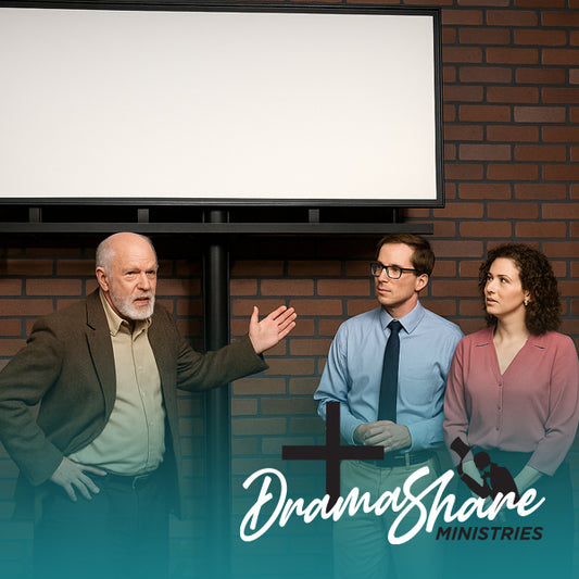 Three people in front of a screen with 'Drama Share Ministries' branding.