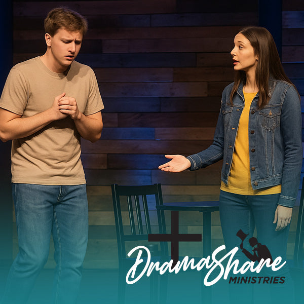 Two people in a dramatic pose with 'Drama Share Ministries' logo.