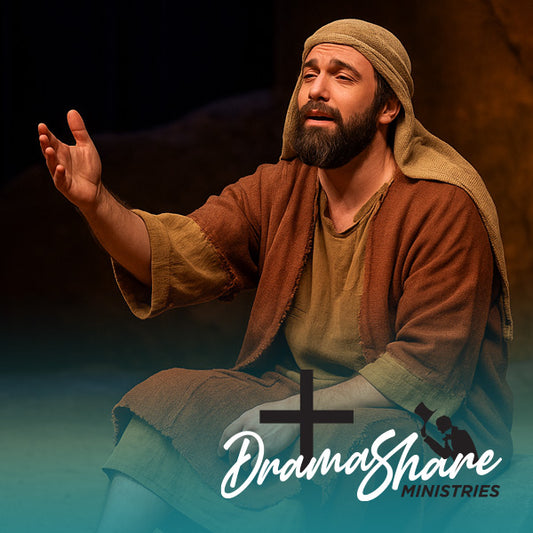 Man in biblical attire with 'Drama Share Ministries' logo
