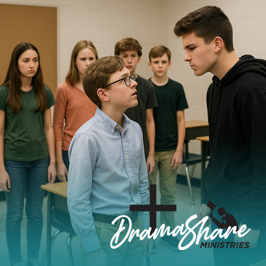 Teens in a classroom setting facing a bully with 'Drama Share Ministries' logo.