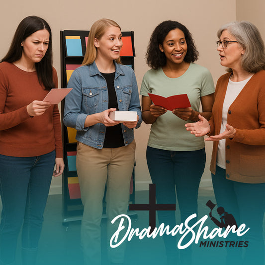 Four women holding scripts in a room with colorful boards, featuring 'DramaShare Ministries' logo.